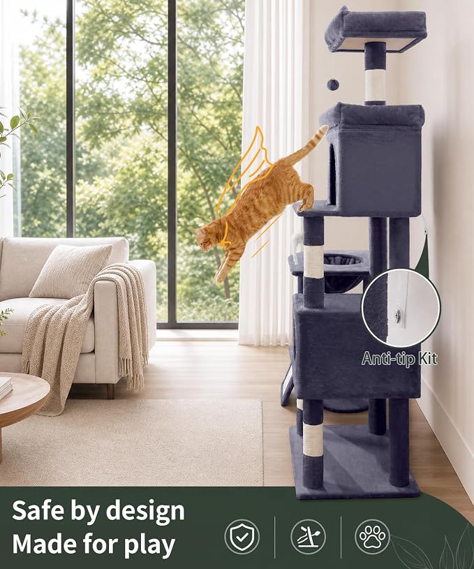 68 Inches Heavy Duty Cat Tree for Indoor Cat, Big Cat Tower | Cat Houses & Tree Tower with 2 Condos, Sisal Scratching Posts & Large Platform for Indoor Cats Large Adult, Dark Grey