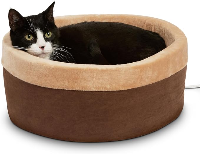K&H Pet Products Thermo-Kitty Bed Heated Cat Beds for Indoor Cats & Dogs, Calming Warming Pillow Pet Bed, Machine Washable, Removable Heater, Safety Listed - Small 16" Round Mocha/Tan