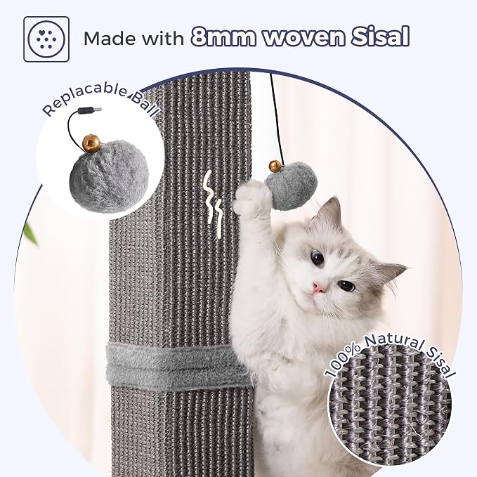 Tall Cat Scratching Post 33” Heavy Duty Sisal Scratcher Post | Modern Cat Scratching Post with Heavy Duty Base for Sturdy, Large 33" Vertical Sisal Rope Post & 2 Cat Toy Balls for Cat-Gray