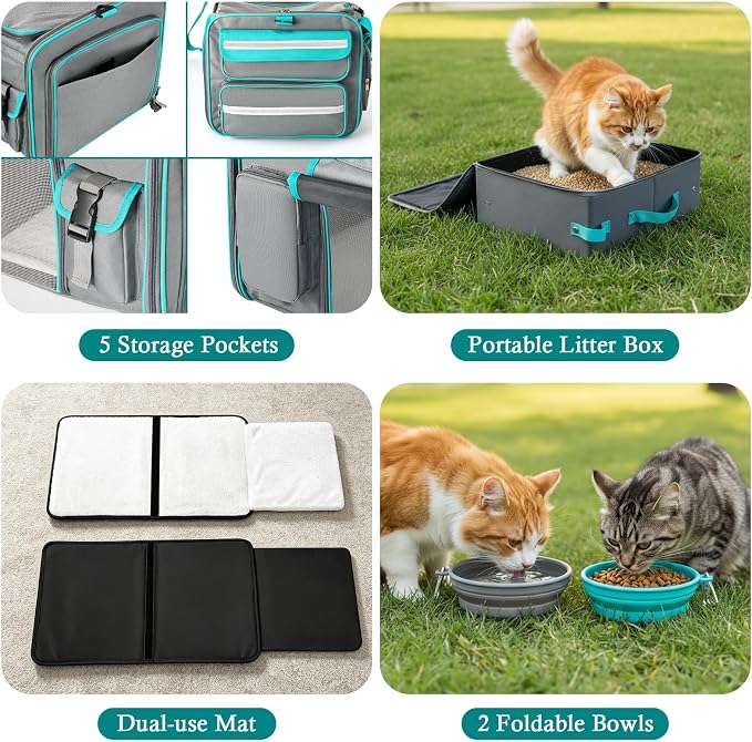 Keaber Cat Carrier for 2 Cats with Expandable Space & Litter Box, Gray | Extra Large Soft Sided Pet Carrier with Detachable Divider, Puppy Travel Carriers for Home, Car, Camping & Vet Visits