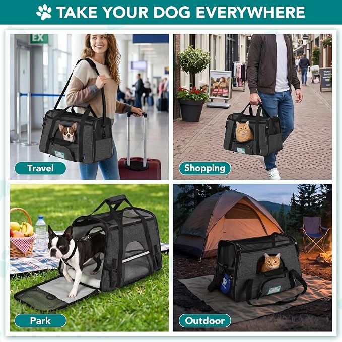 PetAmi Airline Approved Pet Carrier for Cats & Small Dogs, Soft Sided TSA Travel Carrier Bag with Sherpa Bed, Breathable Mesh Ventilation, Collapsible Bowl, Up to 18 lbs, Small Heather Dark Gray
