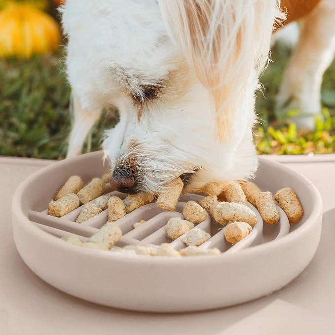 Slow Feeder Dog Bowls - Small Size Silicone Slow Eating Dog Bowl for Puppies & Dogs with Suction Cup -Dishwasher-Safe, Lick Mat Design, Reduces Gulping, for All Breeds, 6”x1.25”- Tan
