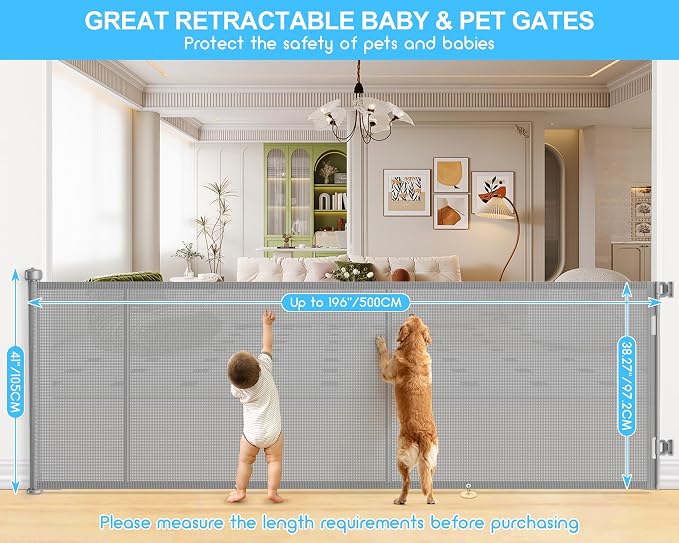EZIGO 196 Inch Retractable Baby Gates, 41 Inch Extra Tall Retractable Gate | Reinforced Retractable Dog Gate with Rods, 16.3FT Extra Long Mesh Pet Gate for Stairs Hallways Doorway Indoor Outdoor, Gray