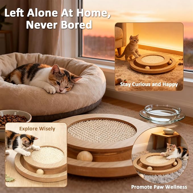 Sisal Cat Scratch Pad with Ball Track Round Wooden Cat Scratchers | Cat Scratching Board for Indoor Small Cats and Kitten Scratching Chasing Playing