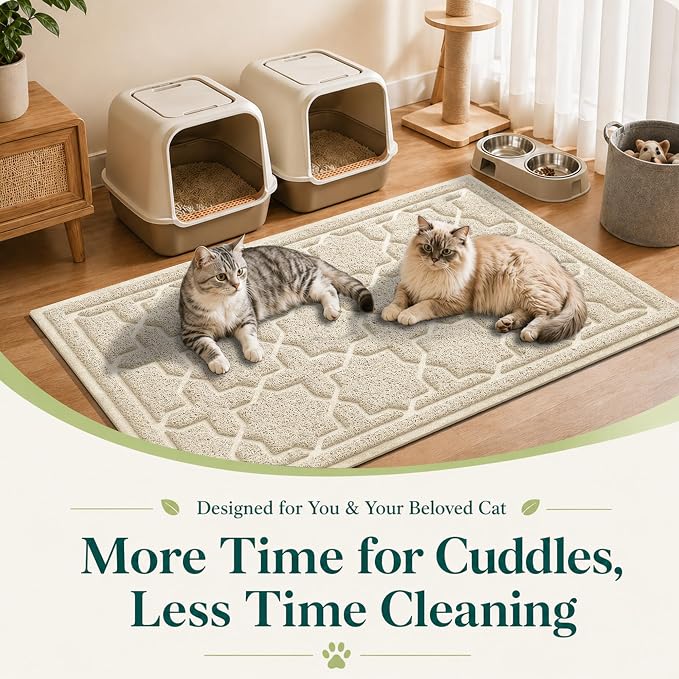 Yimobra Cat Litter Mat, Easy Clean Trapping PVC Mat, 35.4" x 23.6", Waterproof Backing, Non Slip Bottom, Scatter Control Pad for Litter Box, Beige