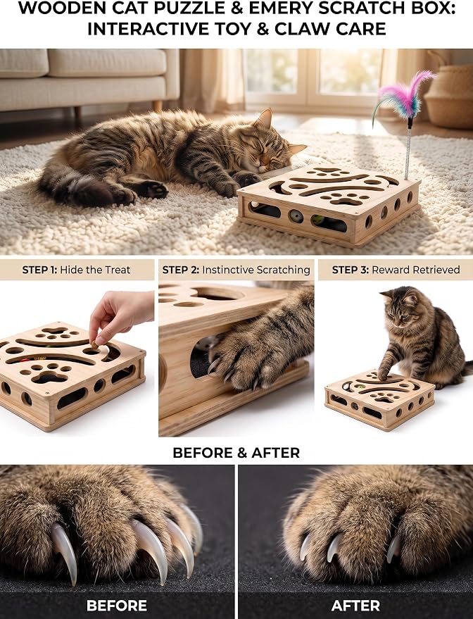 Cat Scratch Puzzle Enrichment Box, Wooden Interactive Toy for Indoor Cat | Cat Nail File Scratcher Box,Feather Wands & 3 Bell Balls, Claw Saver Box with 2 Sandpaper Nail Trim for Cats Kitten