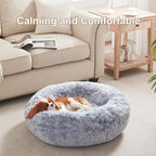 30 inches Faux Fur Fluffy Donut Dog Bed for Medium Dogs,Dark Blue | Calming Plush Round Pet Bed with Removable & Washable Cover,Fits up to 45 lbs Pets