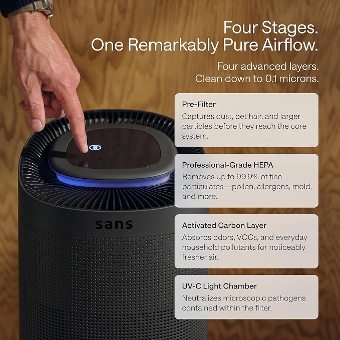 Sans True HEPA Air Purifier for Extra Large Rooms (1,854 sq ft) | UV-C Light Layer & Carbon Odor Absorption | Quiet 25dB Auto-Mode, Captures Smoke, Dust & Allergens