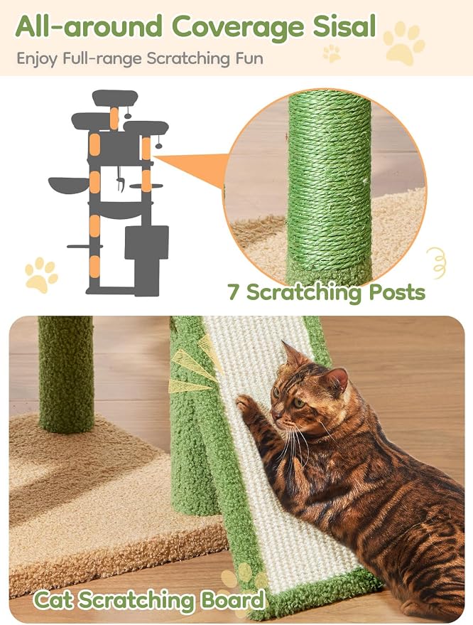 Taoqimiao Tall Cat Tree, 76In XL Cat Tower for Large Cats, 3 Padded Perches | Oversized Metal Hammock, 2 Big Condos, 1-Piece Ramp Scratcher, 7 Natural Sisal Posts, Hanging Basket, Cactus, MS047T