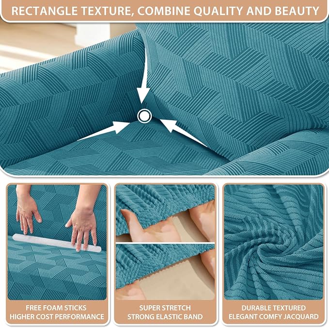 ZNSAYOTX Stretch Couch Covers for 3 Cushion Couch, 1-Piece Sofa Cover Slipcover Pet Friendly, Furniture Protector with Elastic Bottom for Dogs Geometrical Jacquard Fabric (Large, Peacock Blue)