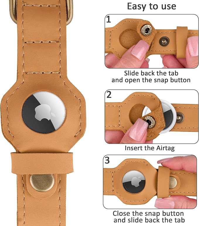 AirTag Dog Collar - Genuine Leather Dog Collar with Apple AirTag Holder and Metal Buckle - Smart GPS Tracking Pet Collars (Light Brown, M, 14"-18" Neck Fit)