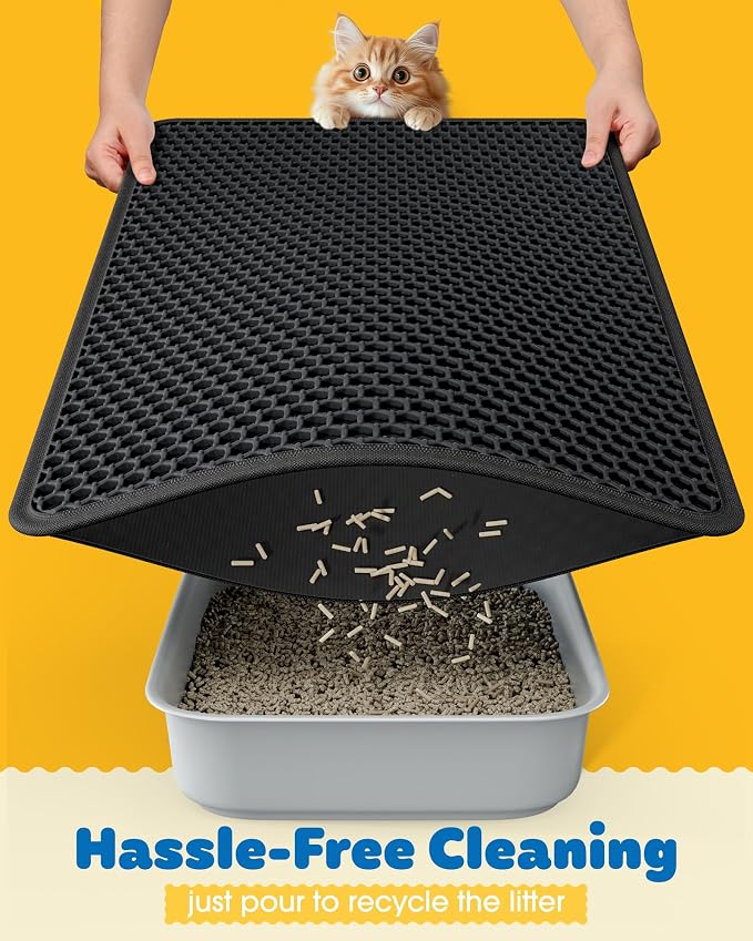 Powools Ultra-Large Cat Litter Mat, 27'' x 19", Double-Layer, Black | Urine-Proof, Non-Slip Litter Trapping Mat, Easy to Clean, Kitty Litter Mats for Floor, Scatter Control