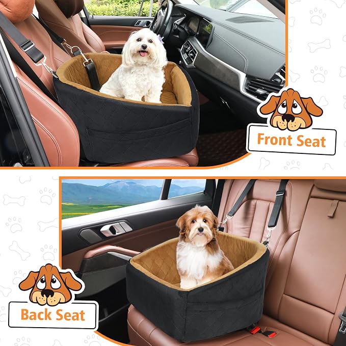NEEZUKAR Dog Car Seat for Small Medium Dogs,Detachable Washable Dog Booster Seat Under 30lbs, Pet Car Seat Travel Bed with Storage Pockets and Dog Safety Belt(Black/Brown)