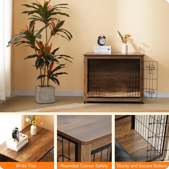 DWANTON Dog Crate Furniture with Cushion, Wooden Kennel Table with Double Doors, Indoor Dog House, Medium Size, 32.5" L, Warm Brown