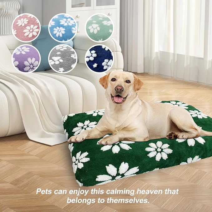 Cute Fluffy Dog Beds for Small Medium Dogs, 30"x 20", Green Flower | Thick Dog Bed for Crate Kennel, Pet Bed with Removable Washable Cover, Anti-Slip Bottom