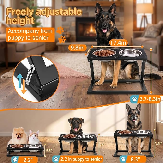 Elevated Dog Bowl, Adjustable Height and Tilt Angle Dog Bowl Stand | Precisely Adjust Height And Tilt Angle, Easy To Clean, Equipped With 2 Stainless Steel Food Bowls, Sturdy And Durable.