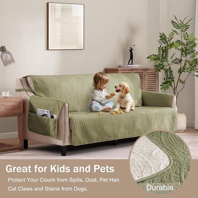 Quilted Recliner Chair Covers, Soft Lazy Boy Chair Covers, Water-Repellent Medium Recliner Covers, Pet Friendly Chair Cover for Dogs, Washable Furniture Sofa Cover (Recliner 26" Sage Green)