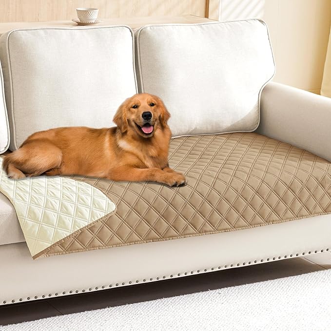 Smiry Waterproof Reversible Pet Couch Covers for Dogs | Pet Friendly, Soft Fabric, Washable Sofa Furniture Protector for Dogs Cat Kids, Checkered (30"x90", Camel/Beige)