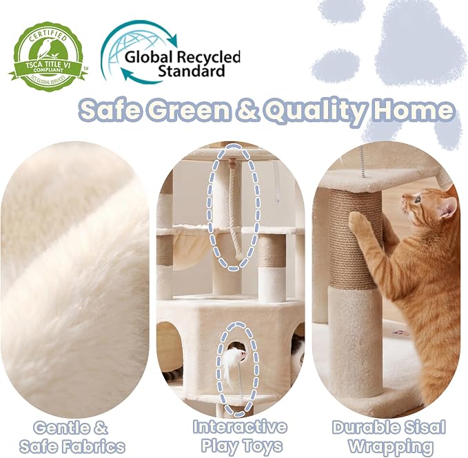Cat Tree, 81.1" Tall Heavy Duty Cat Tower for Large Cats VCT032MJ | Cat Furniture with 3 Wide Platforms, Diamond-Shaped Condo 2 Sisal Scratchers, Hammock & Stable Base, Beige