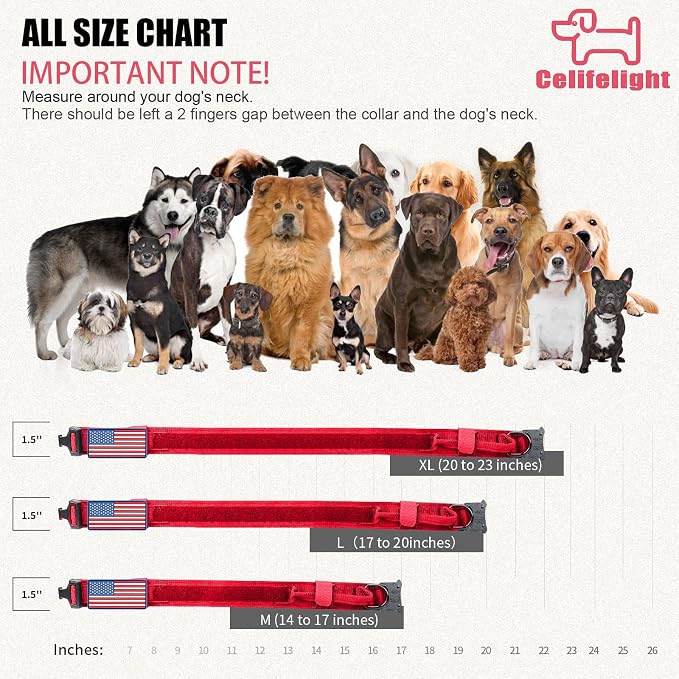 Celifelight Tactical Dog Collar and Bungee Leash,Military & Leash Set with USA American Flag Adjustable K9 Heavy Duty Metal Buckle Handle,with Patches Airtags Case (XL, Red(1PCS))