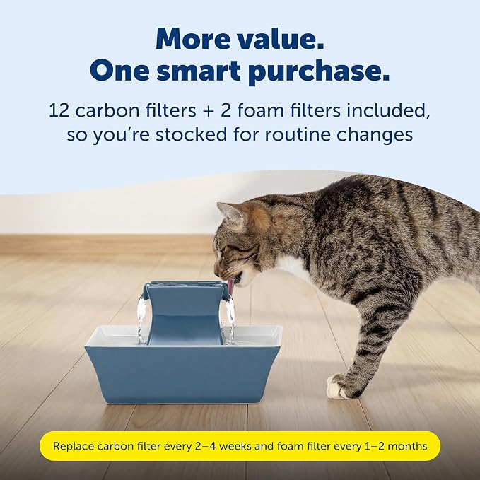 PetSafe Drinkwell Pagoda Ceramic Fountain, 70 oz, 2 Streams, Extra Filters | 2 Falling Water Streams Encourage Hydration, Cat & Small Dog Water Fountain, 4-Pack Carbon Filters and 2-Pack Foam Filters