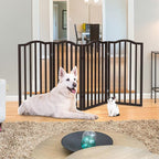 Indoor Pet Gate 4-Panel Foldable Dog Gate for Stairs Hallways or Doorways, Freestanding Wood & Metal Fence, Pet Barrier for Dogs, Cats, Puppies, Small-Medium Pets, 72 in Wide by PETMAKER (Brown)