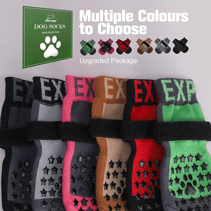 EXPAWLORER Anti Slip Dog Socks to Prevent Licking Paws, Dog Shoes for Hot Pavement, Booties for Hardwood Floors, Dog Boots & Paw Protectors with Grippers for Small Medium Large Senior Dogs Red