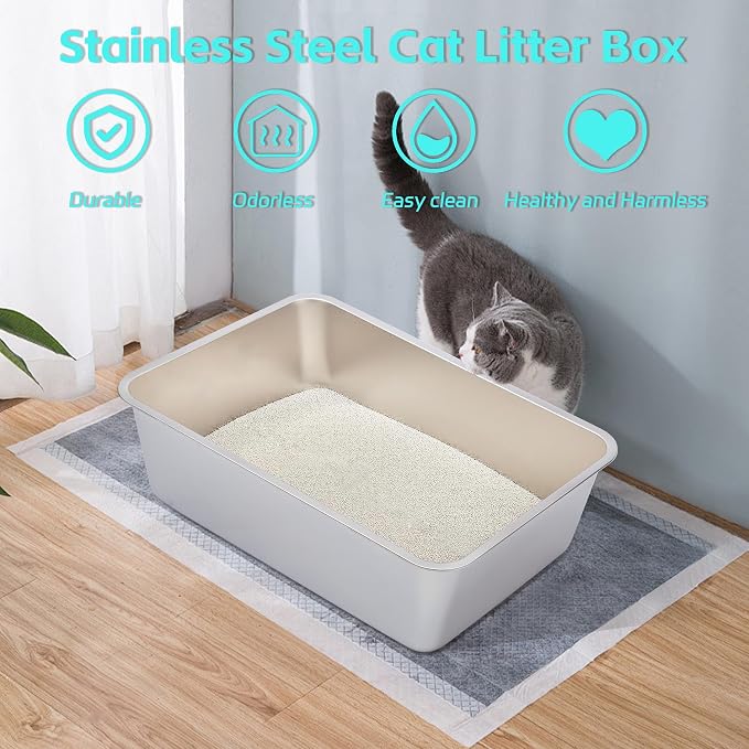 Stainless Steel Cat Litter Box XXL 2pcs，Metal Litter Box for Big Cats | Multiple Cats, Cat LitterBox -Pet Toilet Easy to Clean,Pan Litter Box,Non Stick, No Smell,Indoor,Pet Bathing Pan