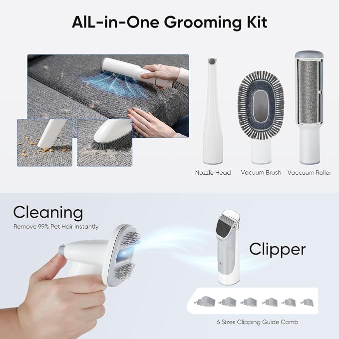 NEWBULIG Pet Grooming Vacuum Kit for Cats and Dogs, 2.5L Dust Cup, White | 3 Suction Modes and 5 Groomer Tools, Dog Clippers with Cordless Low Noise for Cats, Dogs Other Animals Hair Trimmer