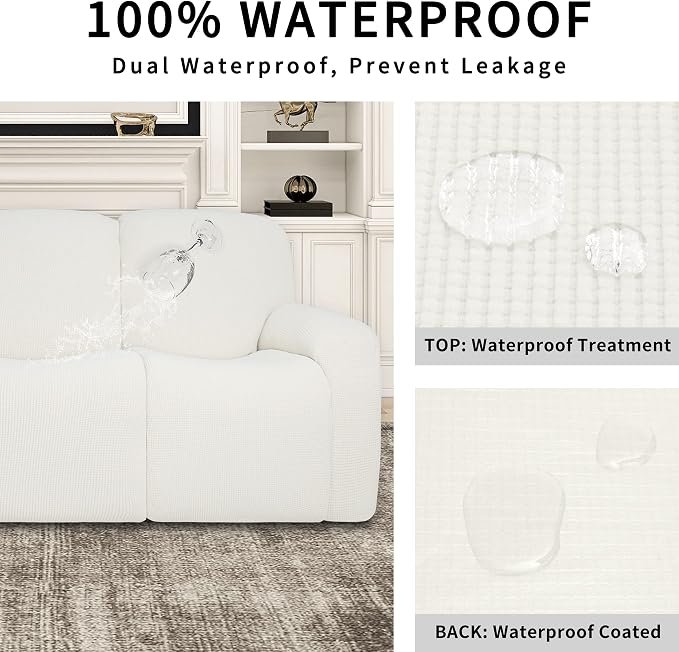 Easy-Going 100% Dual Waterproof Recliner Loveseat Cover, 6-Pieces Stretch Relining Sofa Cover with Pocket, Jacquard 2 Seat Sofa Slipcover Leakproof Washable (Loveseat, Cream)