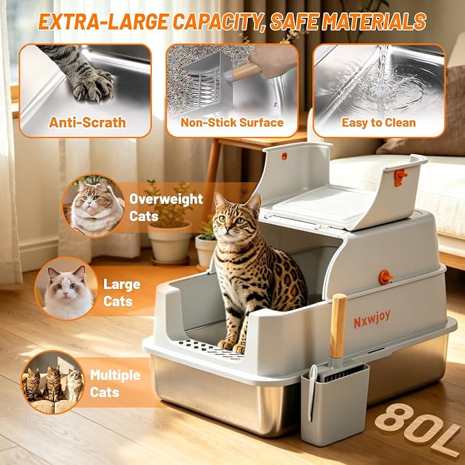 Stainless Steel Litter Box with Lid & Cat Litter Scoop Mat Grey | Deodorizer Cat Metal Litter Box High Sided Enclosure Covered Litter Box Extra Large Litter Boxes for Big Cats
