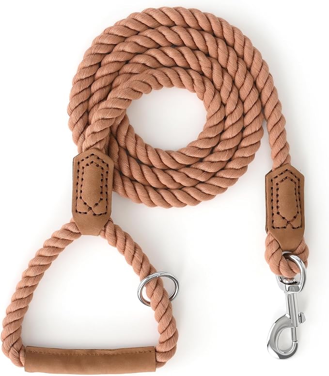Mile High Life Dog Leash Braided Cotton Rope w/Leather-Wrapped Ends/Handle | Rust-proof 360° swivel clasp, Heavy-duty for medium/large breeds. Great for weddings, daily walks (5 FT, 1/2", Brown)