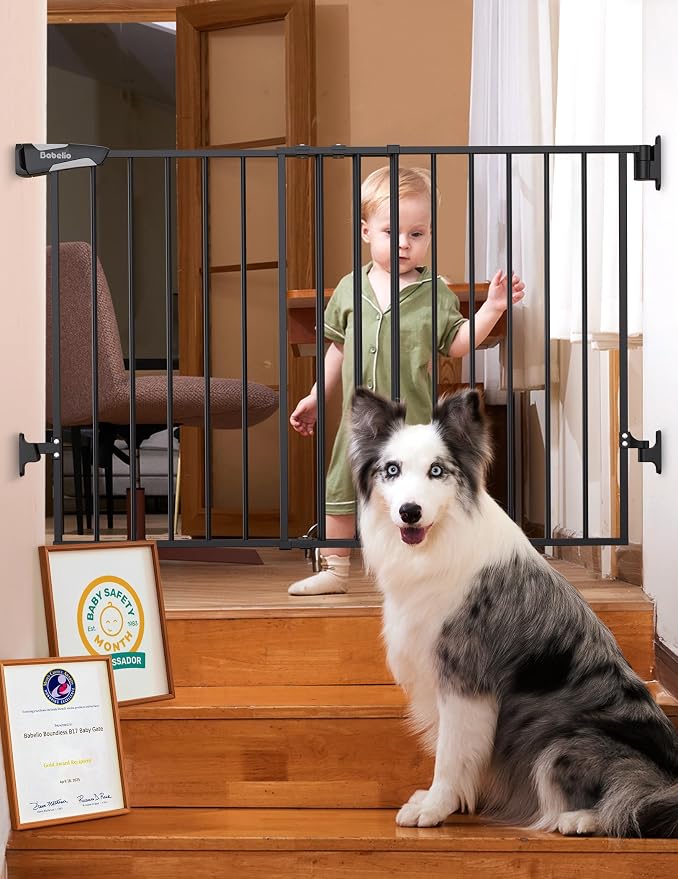Babelio Baby Gate for Stairs, Kitchen & Doorways, No Bottom Bar| Easy Installation| One-Handed Operation| Auto-Close| Hardware Mount (Drill Needed) Safety Dog Gate (Black - B17, 34" H, 29-49" W-Wide) | Easy Install| One-handed Opening| Auto-close| Dril...