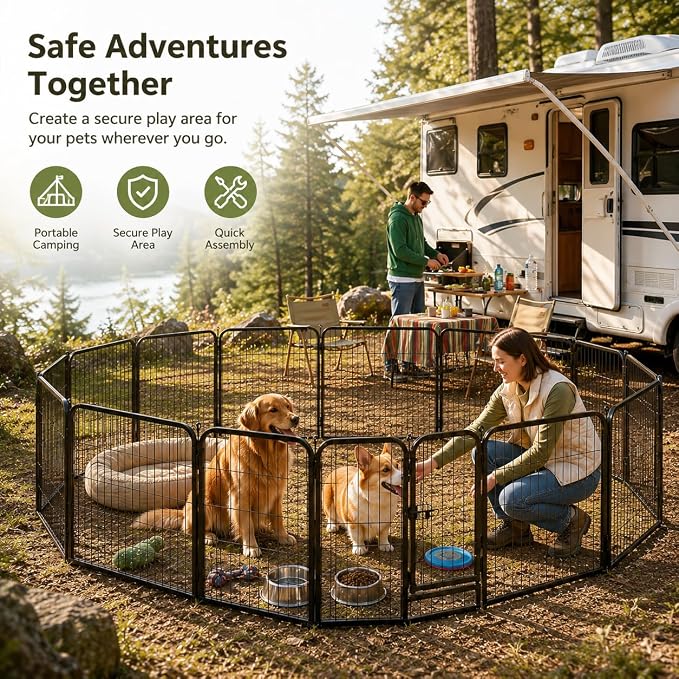 Metal Dog Playpen - 32" Height 16 Panels Foldable Exercise Pen for Dogs Indoor/Outdoor Pen with Door for Pet Animals Portable Pet Playpen Polygon Dog Enclosure (Black)