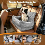 Pawaboo Dog Car Seat Bed, Memory Foam Booster for Medium/Large Dogs, Gray | Rear-seat pet travel bed with washable cover, safety leashes, thick cushion, and room for 2 small dogs