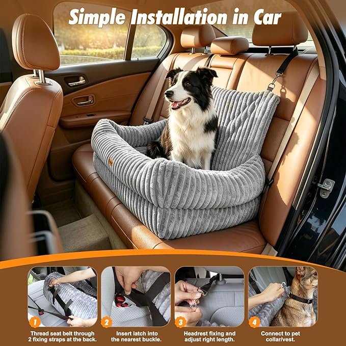 Pawaboo Dog Car Seat Bed, Memory Foam Booster for Medium/Large Dogs, Gray | Rear-seat pet travel bed with washable cover, safety leashes, thick cushion, and room for 2 small dogs