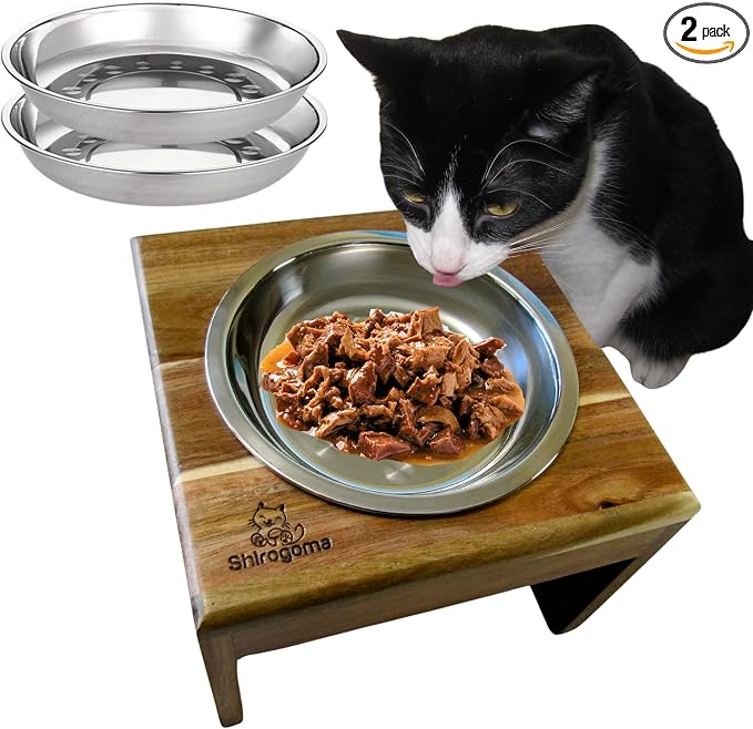 Raised Cat Bowls, 6.25 in Wide, 6" Elevated Cat Feeding Stand (with 2 Stainless Steel Bowls: 12 oz/1.5 Cup), Small Dogs, Rabbits, Anti-Vomit, Whisker Friendly, 6 x 8 x 8 in, Acacia Wood