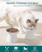 vancasso Extra Wide Elevated Cat Bowls 2-Pack, Shallow Ceramic Raised Cat Food and Water Bowls with 5.1" Height & 6.2" Wide - Anti Vomiting, Whisker Friendly for Senior Cats, and Small Dogs (White)