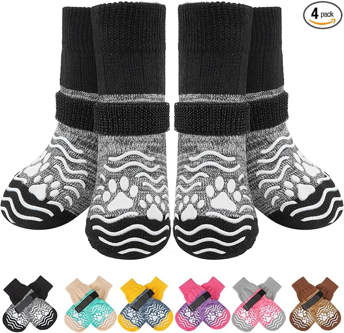 PUPTECK Anti Slip Dog Socks, Shoes with Grippers to Prevent Licking Hardwood Floors Traction, Rubber Boots & Paw Protectors for Small Medium Large Dogs Cold/Hot Pavement, Senior Dogs Booties Grey