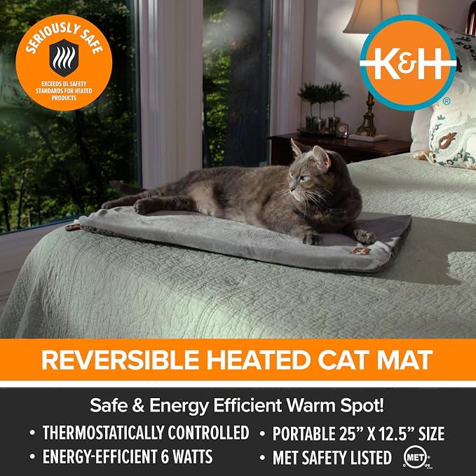 K&H Heated Cat Bed, Thermo-Kitty Mat Indoor, Safety Listed, 6W, Gray | Removable Waterproof Cat Heating Pad, Reversible Calming Warm Foam Pet Pad, Machine Washable, Smart Thermostat, 25x12.5in