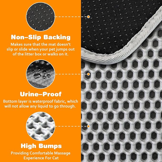 Cat Litter Mat 18"x24",Double Layer EVA litterbox Mat, Black | Waterproof honeycomb large grid, urine-proof and odor-free. Traps litter, easy cleanup,Washable, non-slip backing