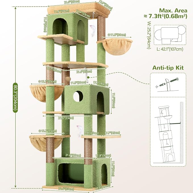 Globlazer Cactus Large Cat Tree, 80 inch Tall Climbing Tower, F80F, Green | Multi-Level Cat Scratching Tower for Indoor Multiple Large Adult Cats Kittens with 3 Cat Caves, 3 Hanging Baskets