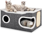 Shikha Extra Large Cat House Bed for Multi Cats with Scratch Pad Grey | 24 x 17.7 x 12.6 IN Widen Cat Cave Cube for Multi Pets, Foldable, Arc-Edge Design, Oval Door, All Seasons Reversible Cushion