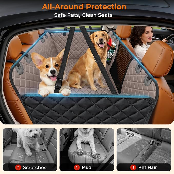 URPOWER Hard Bottom Dog Car Seat Cover, Back Seat Extender for Cars & SUVs | 400 lbs Support, 45% More Space, Waterproof, Mesh Window, Scratch Resistant, Non-Slip, Easy Care, Dog Seat Belt Included