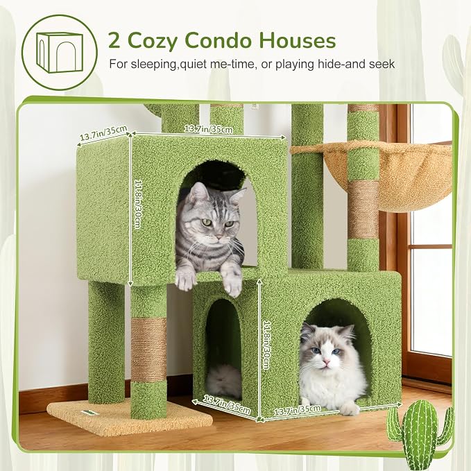 Globlazer 52in Cactus Cat Tree Tower for Indoor Cats, 2 Condos, S52, Green | Multi-Level Plush House, 5 Sisal Scratching Posts, 2 Padded Top Perches, Big Metal Basket, Stable Enlarged Base
