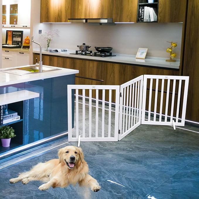 Dog Gate Wooden Freestanding Pet Gate 3 Panel 23.6" Heigh | White Indoor Dog Fences,House Gate for Doorways, Stairs, Hallways
