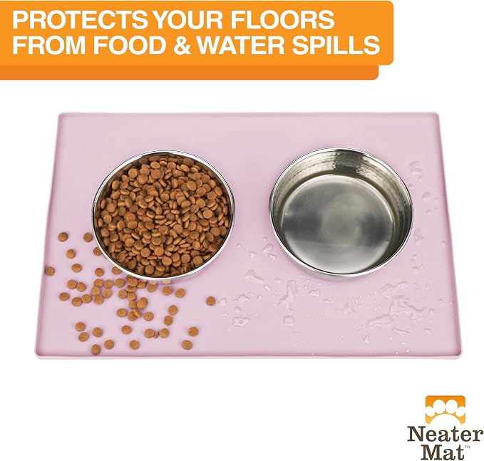 Neater Pet Brands Neater Mat Pet Mats for Food and Water, Cat & Dog Bowl Mat Waterproof Silicone, Feeding Tray, Dog Food Mats for Floors, Placemat w/Raised Edge for Under Bowls, 24" x 16", Light Pink