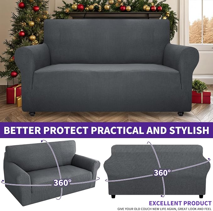 ZNSAYOTX Super Stretch Couch Cover Love Seat Sofa Covers for Living Room Dogs Pet Friendly Furniture Protector Spandex Loveseat Slipcovers with Anti Slip Foam Sticks (Dark Grey, Loveseat)