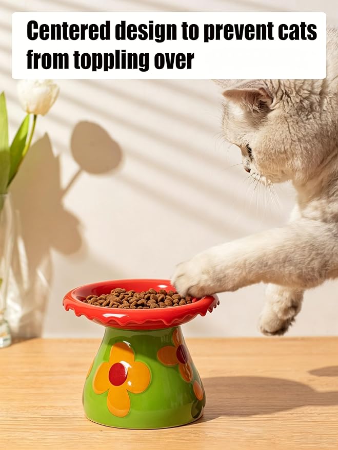 Mushroom Elevated Cat Bowls Ceramic, Cute Cat Bowls Whisker Fatigue | Raised Cat Bowl for Indoor Cats, Raised Dog Bowls Stand for Food and Water, White 5.8" Wide for Adult Cats
