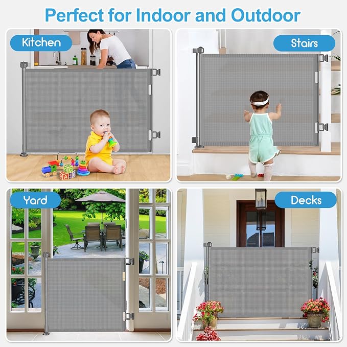 EZIGO 55 Inch Retractable Baby Gates Extra Wide Baby Dog Gate for Stairs | 34 Inch Tall Retractable Dog Gate, One-Hand Operation Mesh Safety Pet Gate for Deck, Porch, Doorways Indoor Outdoor, Gray